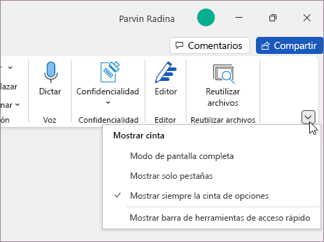 Menú opciones de visualización de la cinta de opciones