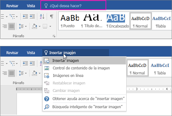 Muestra el cuadro de búsqueda Información en la cinta de Word.