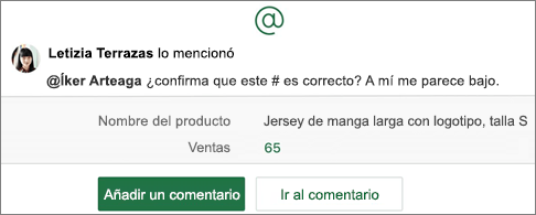 Hoja de cálculo con botones @mención y Agregar un comentario e Ir a los comentarios