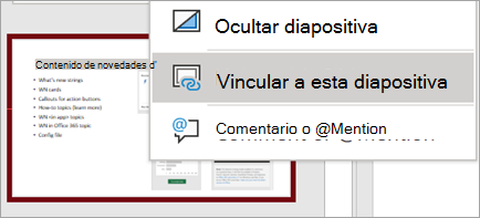 Muestra el menú de clic derecho de Vincular a esta diapositiva