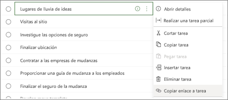 Cuadro de diálogo en el que se enumeran las tareas. El botón Copiar vínculo a la tarea está resaltado.