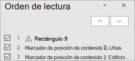 Lista de elementos en el orden de lectura de una diapositiva con botones de flecha arriba y abajo para reorganizarlos