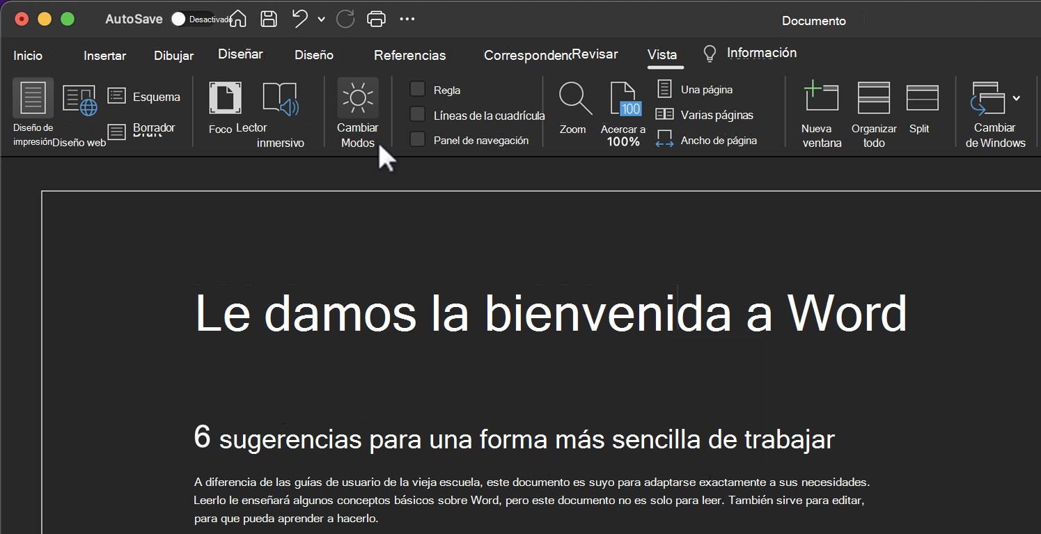 Cambiar de modo para la característica Modo oscuro.