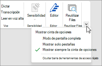 Menú opciones de visualización de la cinta de opciones