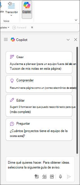 Captura de pantalla del panel Copilot en OneNote