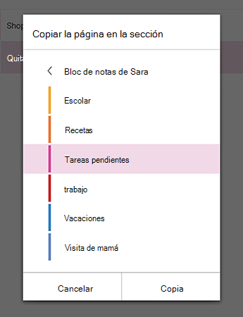 Menú Copiar página a sección en OneNote para Android