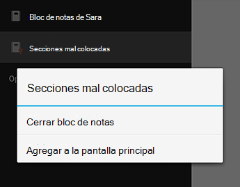 Comando Cerrar bloc de notas en OneNote para Android