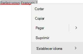 Texto en francés seleccionado que muestra el menú contextual de cómo establecer el idioma.