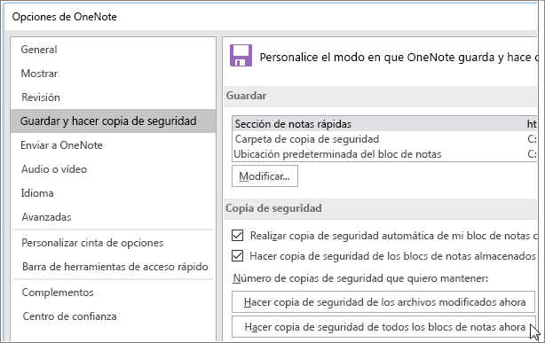 Captura de pantalla del cuadro de diálogo Opciones de OneNote en OneNote 2016.