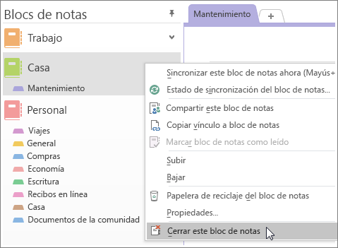 Captura de pantalla de cómo cerrar un bloc de notas en OneNote 2016.