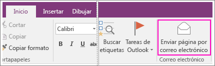 Captura de pantalla del botón Enviar página por correo electrónico en OneNote 2016.