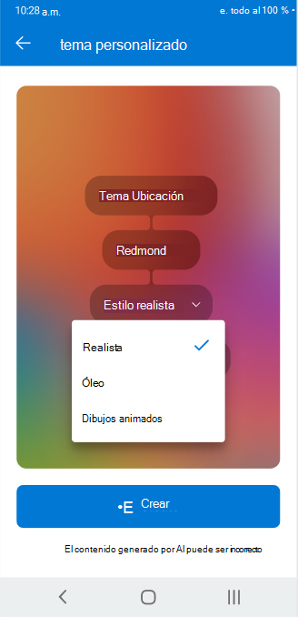 Una pantalla que muestra el selector de lista desplegable usado para ajustar los atributos configurables de un tema personalizado en Outlook para Android