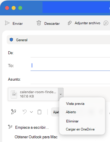 Opciones desplegables para adjuntar archivos en Outlook para Mac