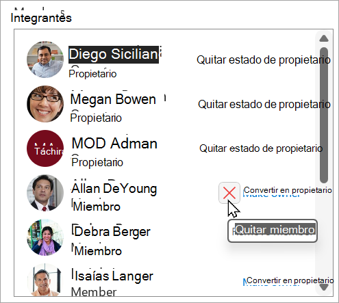 En el cuadro Miembros, puede quitar el estado de propietario, convertir a un miembro en propietario o eliminar un miembro.