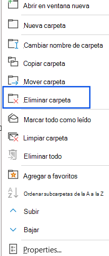 Captura de pantalla de la opción Eliminar carpeta seleccionada en el panel de navegación.