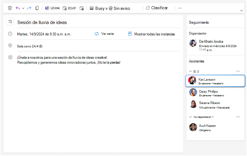 La imagen muestra un panel de seguimiento de reuniones donde se pueden ver todas las respuestas de cada invitado junto con la nueva información adicional sobre si cada asistente participará en persona o de forma virtual.