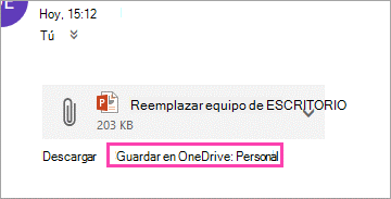 Vínculo de descarga para guardar datos adjuntos en OneDrive.
