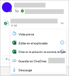 Menú desplegable para guardar datos adjuntos en OneDrive.