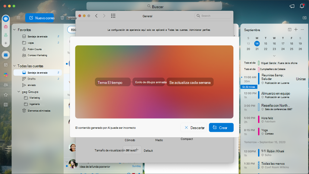 Una pantalla que muestra los atributos configurables de un tema personalizado en Outlook para Mac