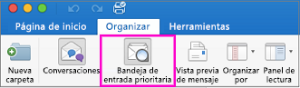 Botón Bandeja de entrada Prioritarios en la pestaña Organización de la cinta de opciones