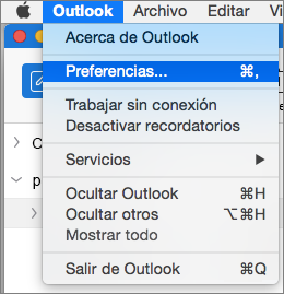 Menú de Outlook con las preferencias resaltadas