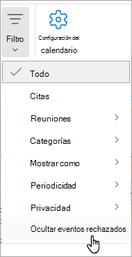 Captura de pantalla de Filtro en Calendar que muestra Ocultar eventos rechazados en la lista desplegable