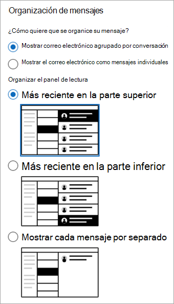 Captura de pantalla del panel de lectura de Correo> de configuración > en la que se muestra la sección Organización de mensajes.