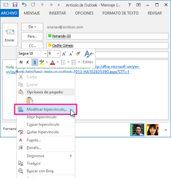 seleccionar Editar hipervínculo en el menú contextual