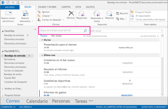Cuadro de búsqueda instantánea encima de los mensajes