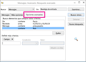 Crear una lista de condiciones de búsqueda