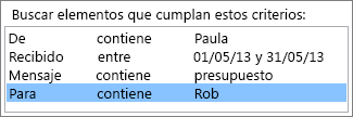 Campos, condiciones y valores