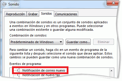Control Notificación de correo nuevo en el cuadro de diálogo Sonido del Panel de control