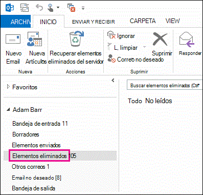 Haga clic en Elementos eliminados en lista de carpetas