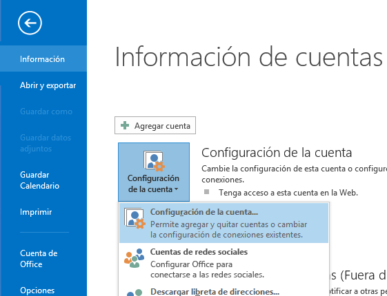 La opción Configuración de la cuenta puede encontrarse en el panel Información de la cuenta.