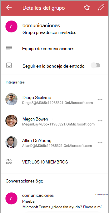 La pantalla de detalles del grupo muestra los miembros, los archivos y tiene un botón de alternancia para seguir o no seguir los correos electrónicos del grupo en su bandeja de entrada personal.