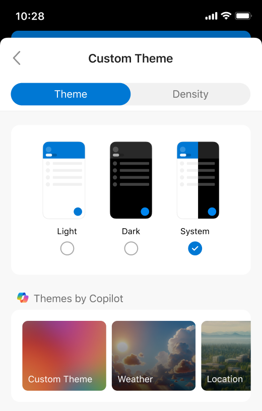 Captura de pantalla de la configuración de Temas de Outlook en dispositivos móviles.