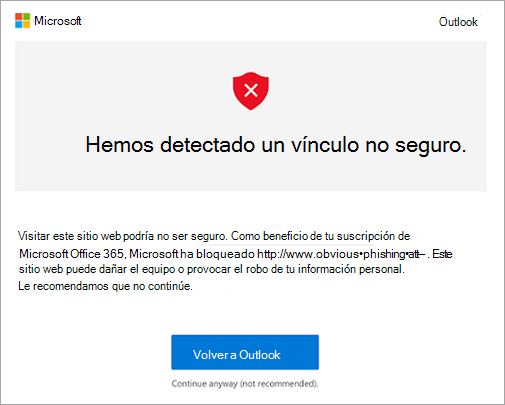 Captura de pantalla de la pantalla de advertencia de vínculos no seguros