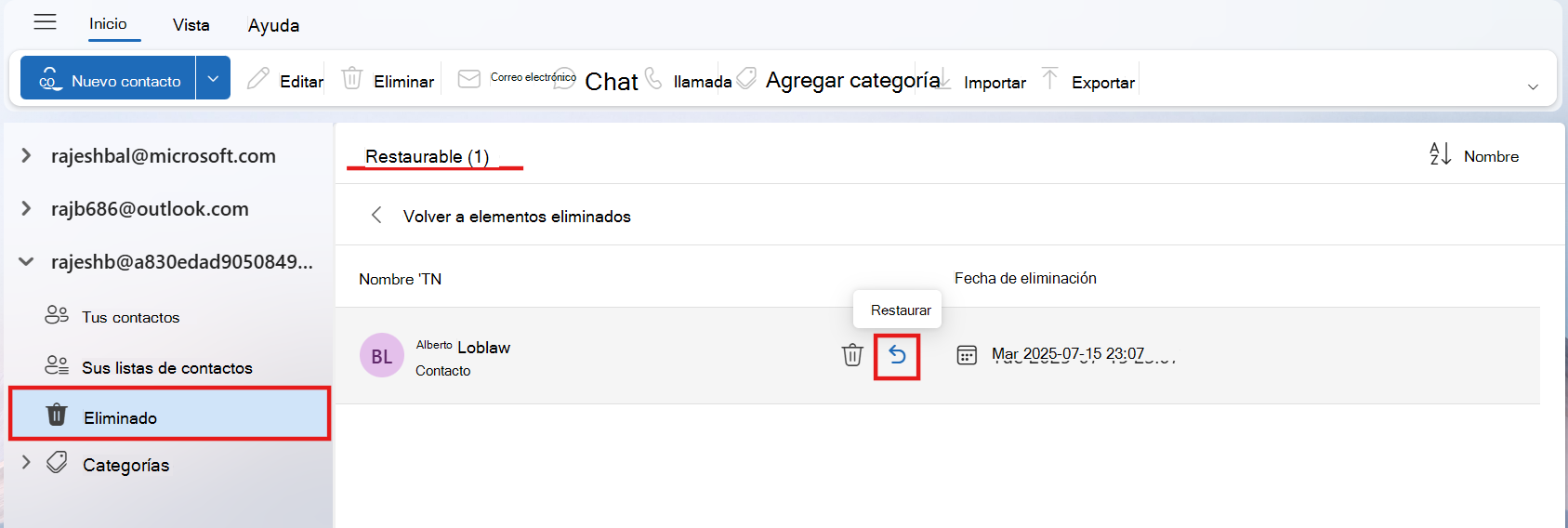 Captura de pantalla de la carpeta restaurable que muestra un contacto con resaltados en el icono Restaurar y que muestra el nombre de la carpeta que se puede restaurar.
