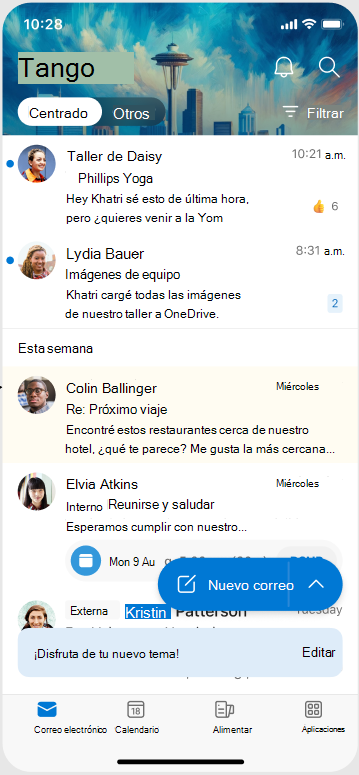 Una pantalla que muestra el aspecto de un tema cuando se aplica en Outlook Mobile