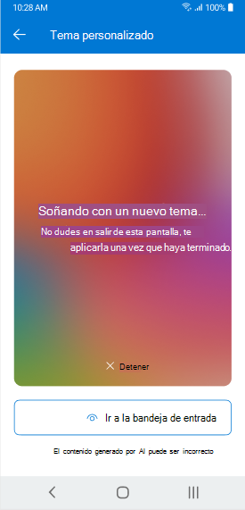 Una pantalla que muestra un tema de Copilot que genera en Outlook Mobile