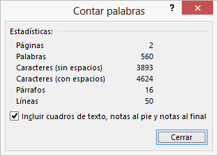 Muestra el recuento de palabras, el número de páginas de un documento.