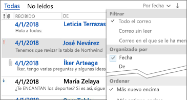 Lista de filtros disponibles para ordenar los mensajes