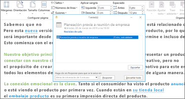 Documento de Word con el cuadro de diálogo Aviso encima