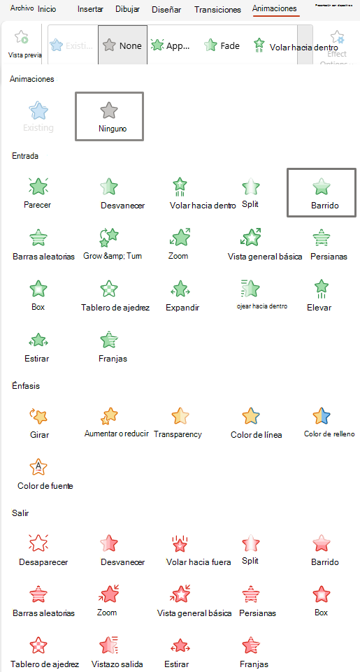 Captura de pantalla de Animaciones disponibles para PowerPoint para la Web.