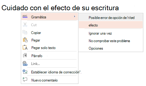 Captura de pantalla del menú contextual de gramática.