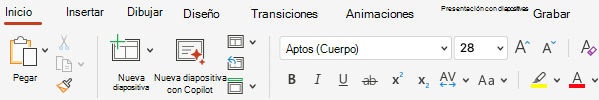 Captura de pantalla de la pestaña Inicio en PowerPoint.