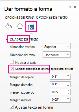 Seleccionar Cambiar tamaño de forma para ajustar el texto en el panel Formato de forma