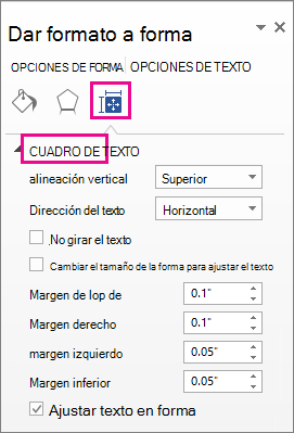 Opciones de cuadro de texto en el panel Formato de forma