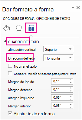 Seleccionar la dirección del texto en el panel Formato de forma