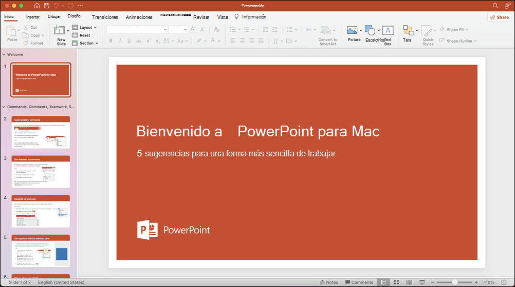 Ventana de PowerPoint 2021 para Mac con la plantilla abierta Realizar un recorrido